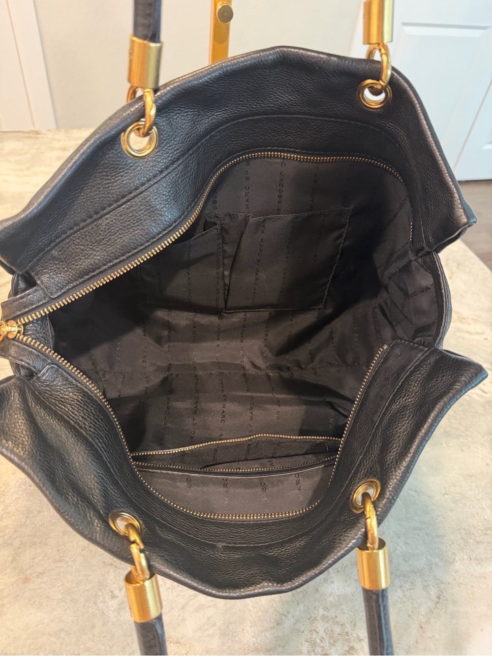 Marc by Marc Jacobs Black Leather Tote with Gold Hardware Accents - Picture 3 of 4